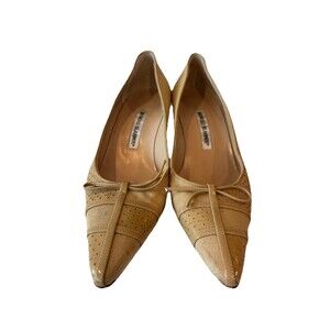 Vintage 90s Manolo Blahnik Beige Patent & Canvas Kitten Heels - Size 39